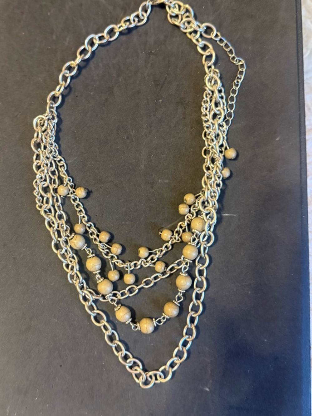 Layered Bead & Chain Necklace -Silver Tone with Tan Beads